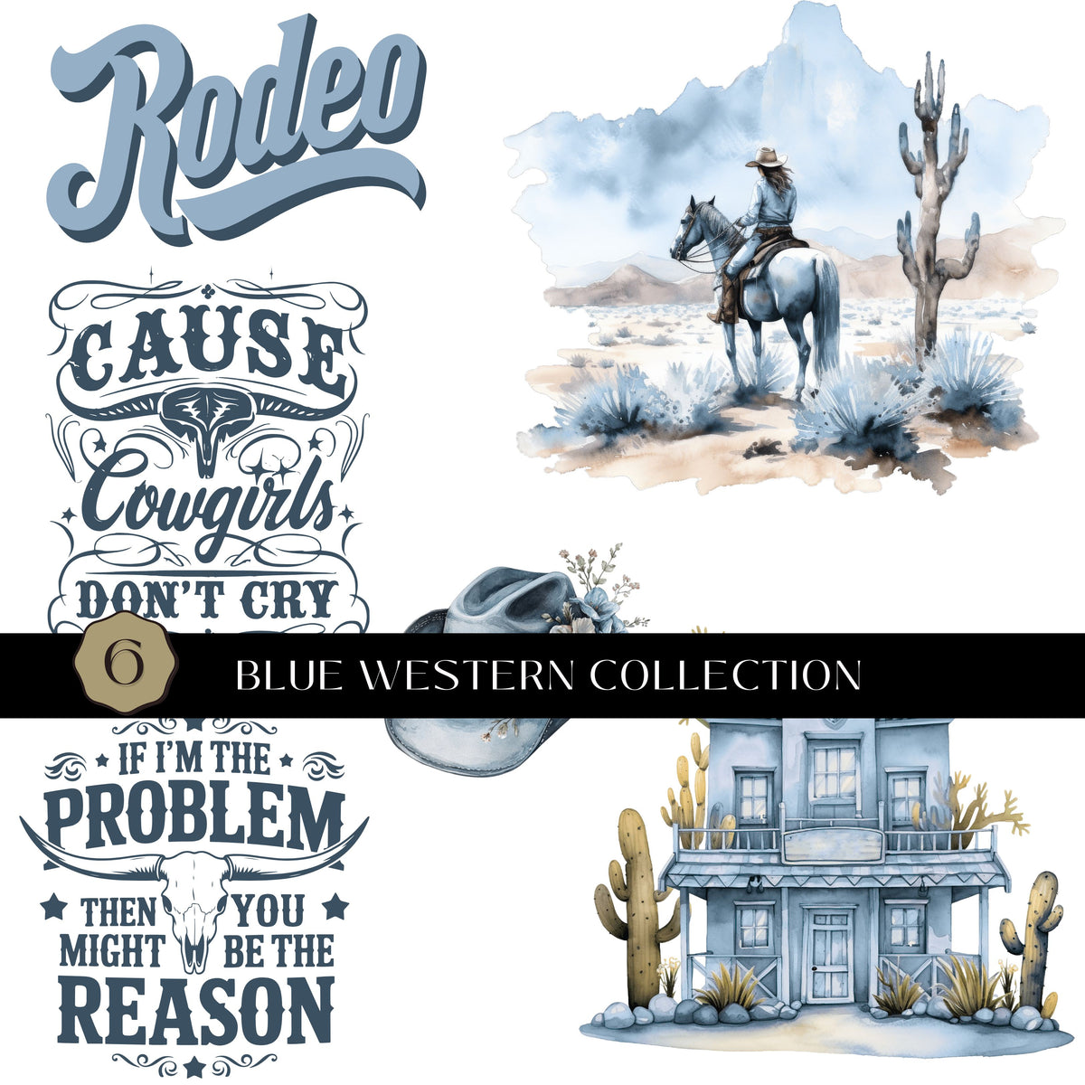 Blue Western Collection UV DTF Decal Sheets- 6 Designs