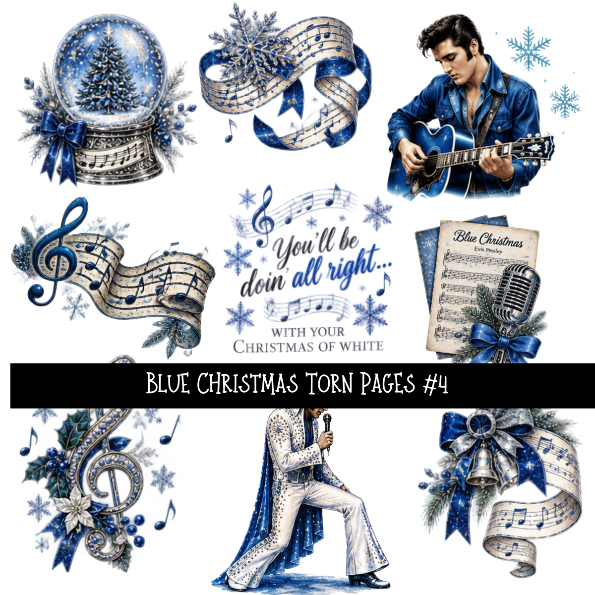 Blue Christmas Torn Pages UV DTF Decal sheets 8 Designs available