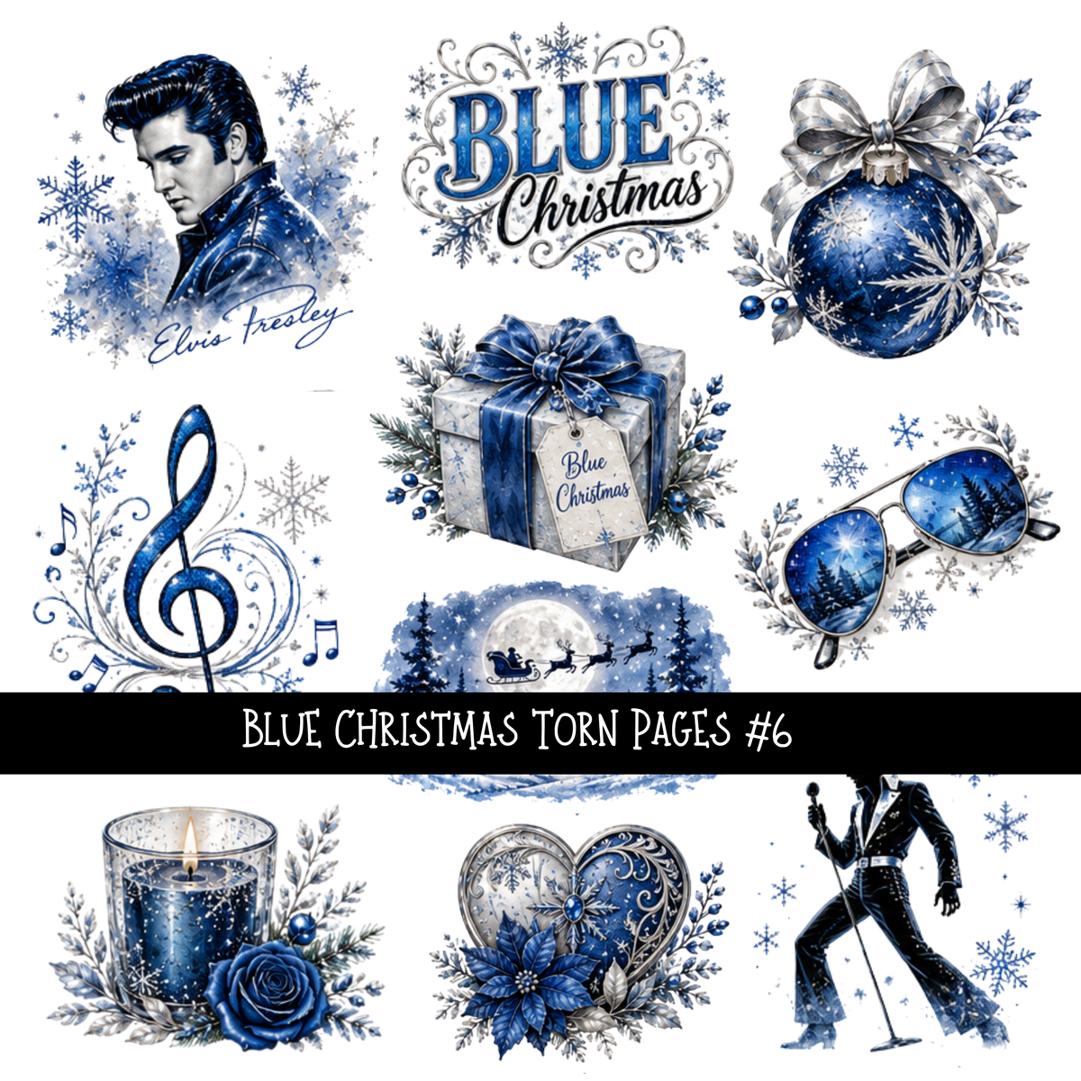 Blue Christmas Torn Pages UV DTF Decal sheets 8 Designs available