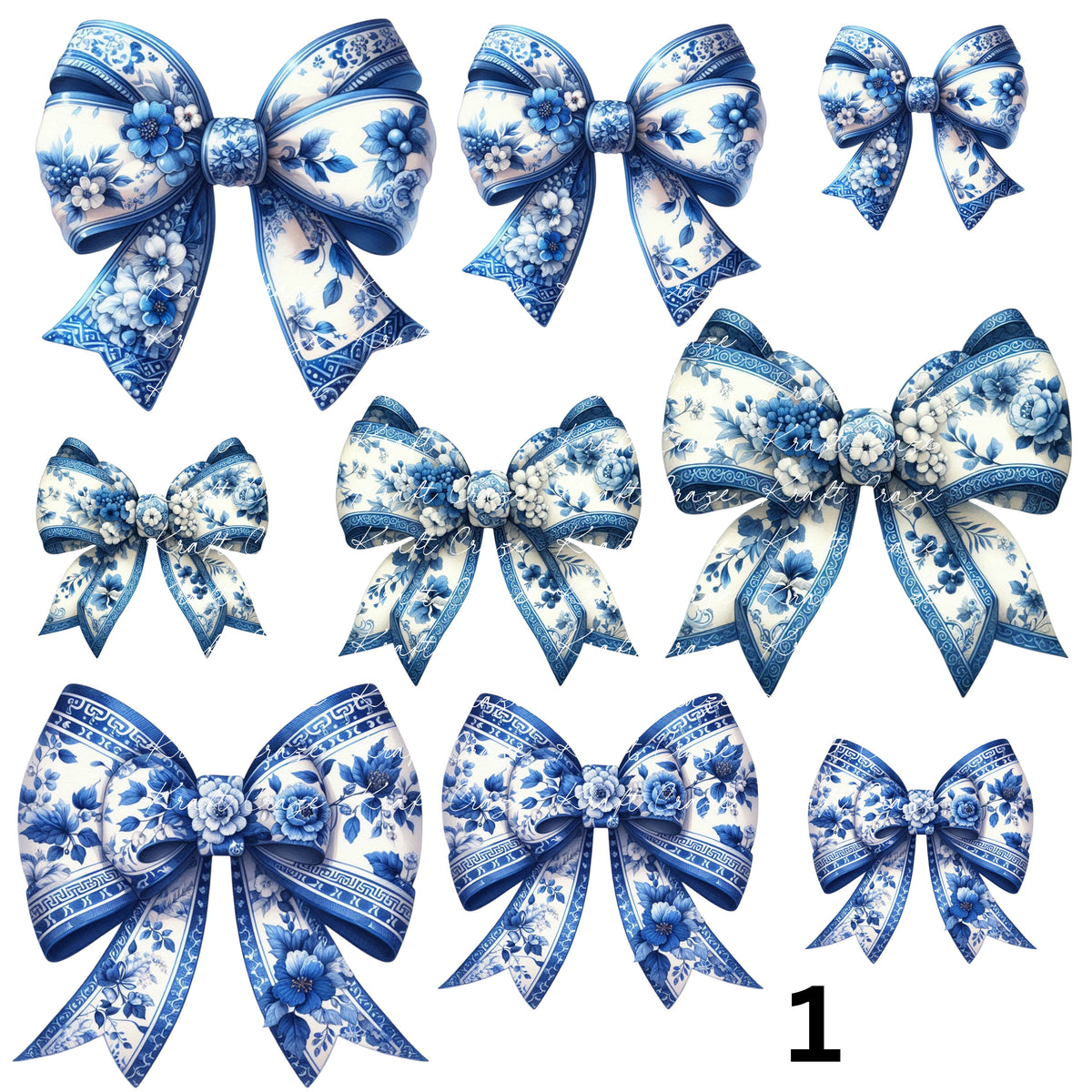Blue and white Coquette Bows UV DTF Decal accent Sheet 10x10 sheet 3 designs