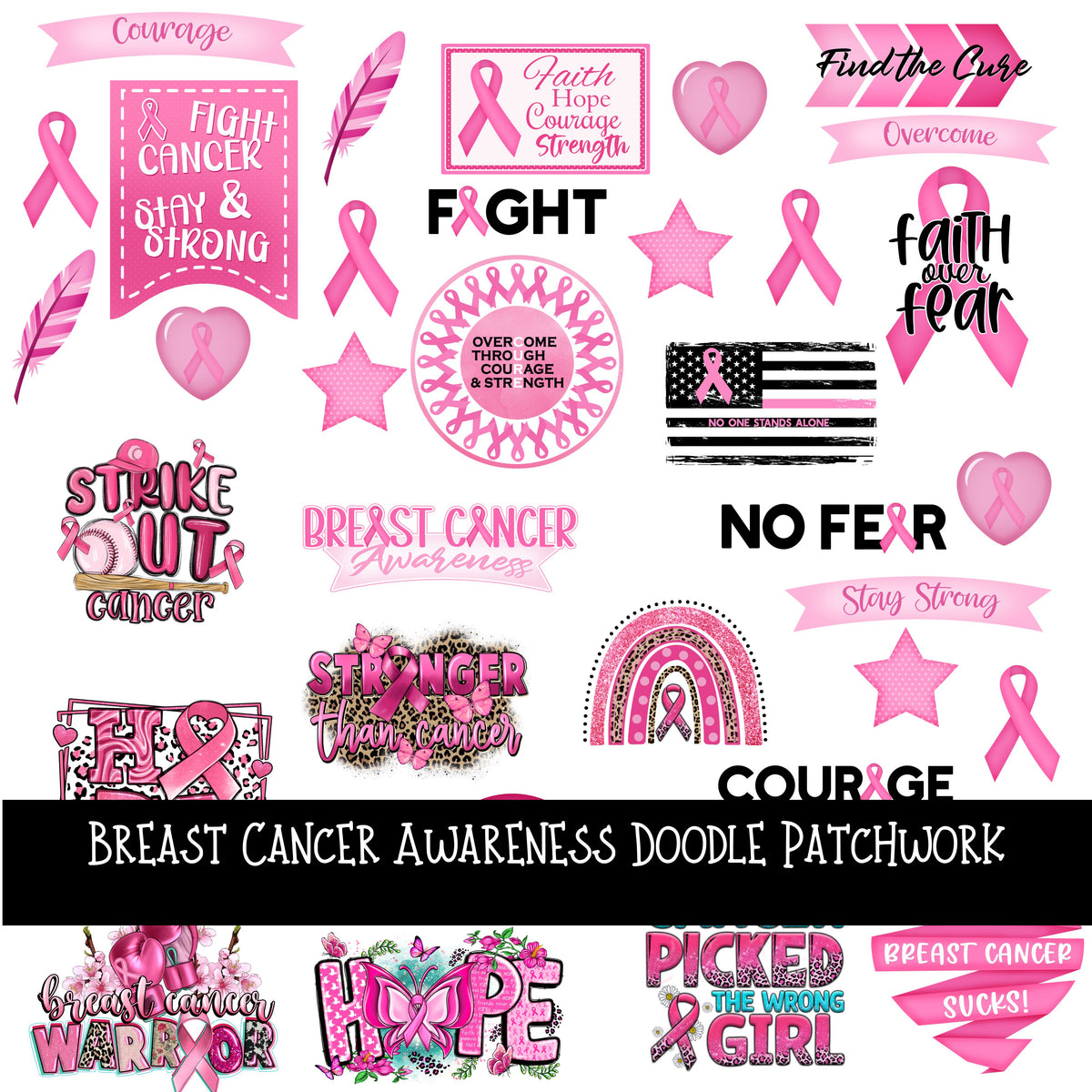 Breast Cancer Awareness Doodle Patchwork Set