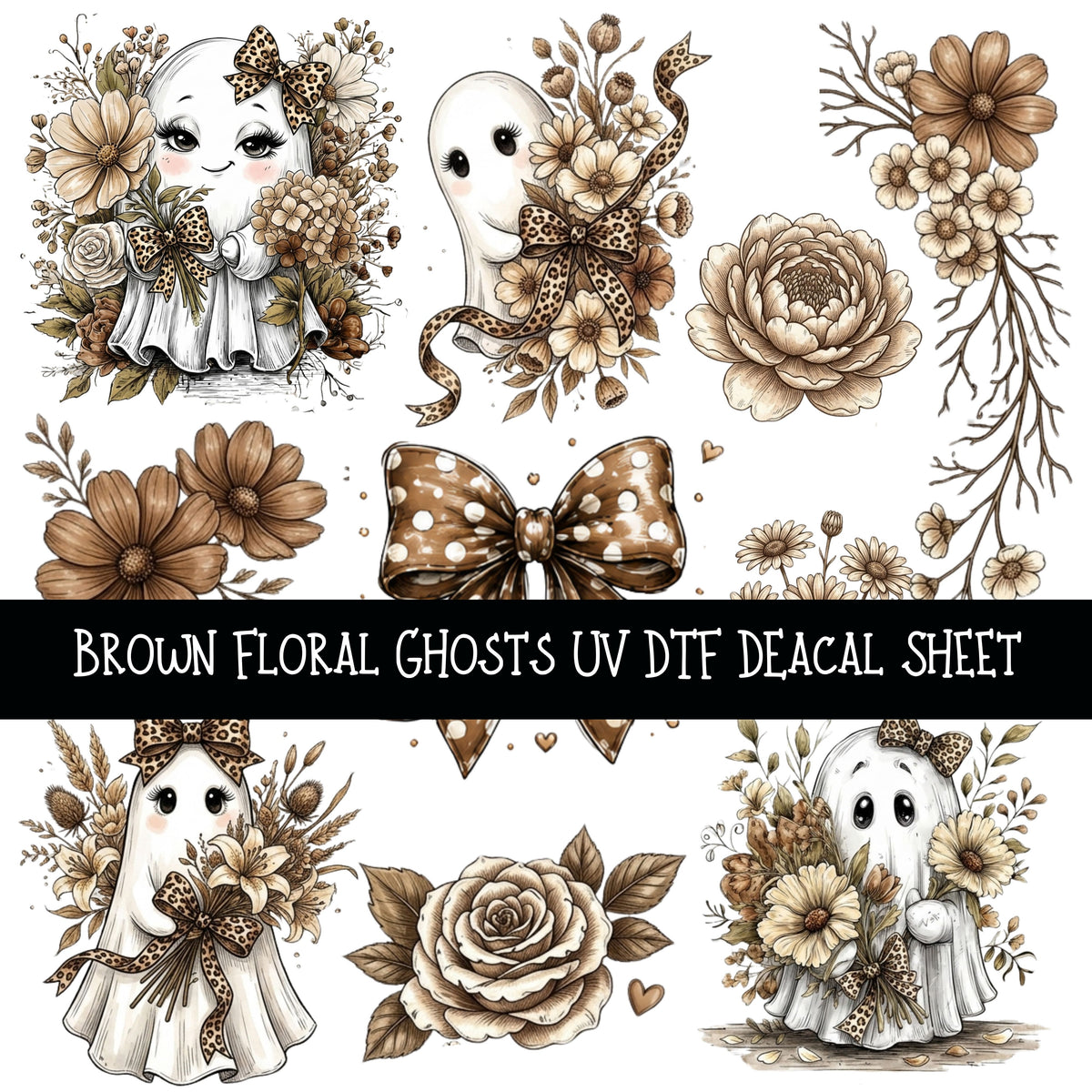 Brown Floral Ghost UV DTF Decal sheets