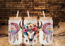 Bull skull and feathers UV DTF Libbey 16oz wrap