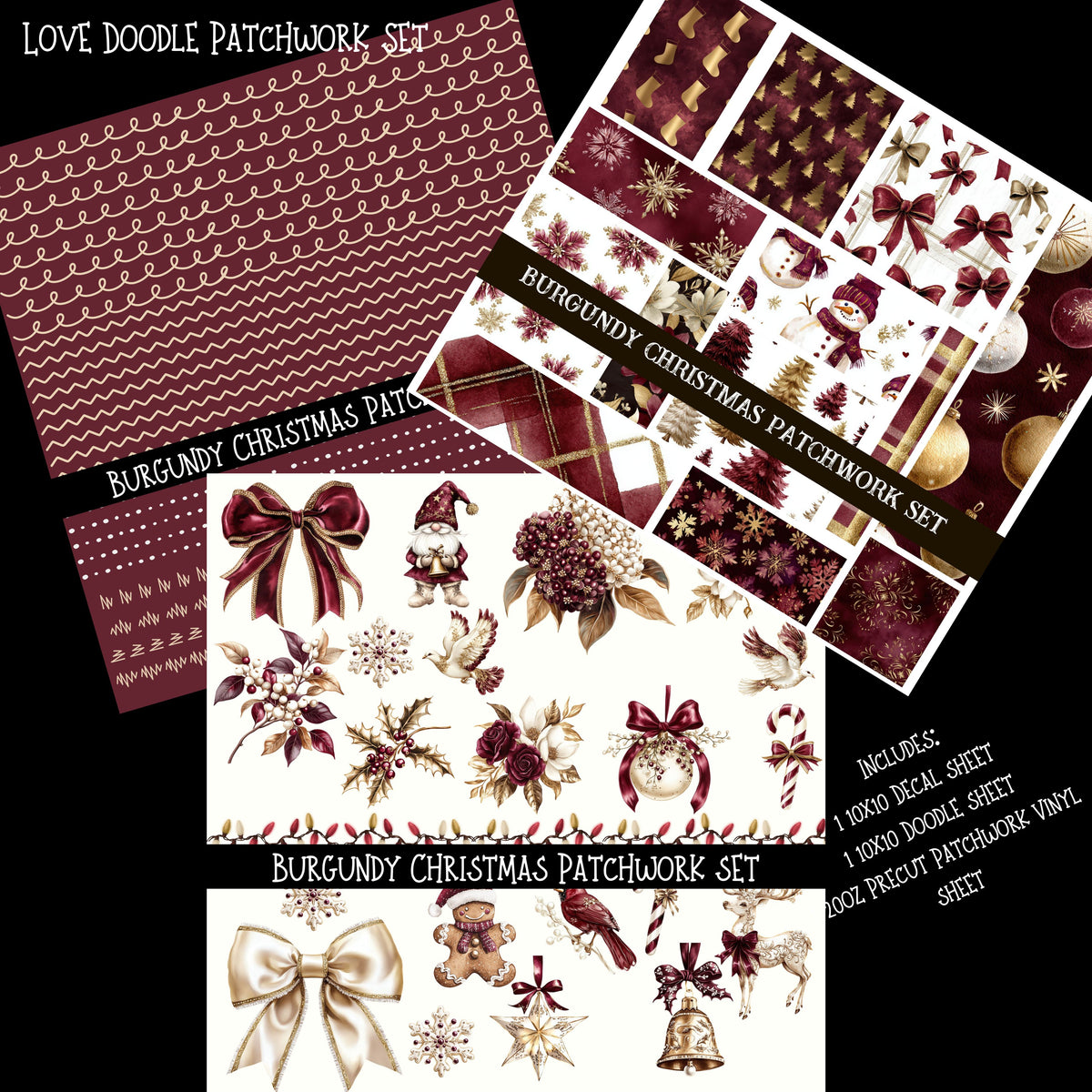 Burgundy Christmas  Doodle Patchwork Set