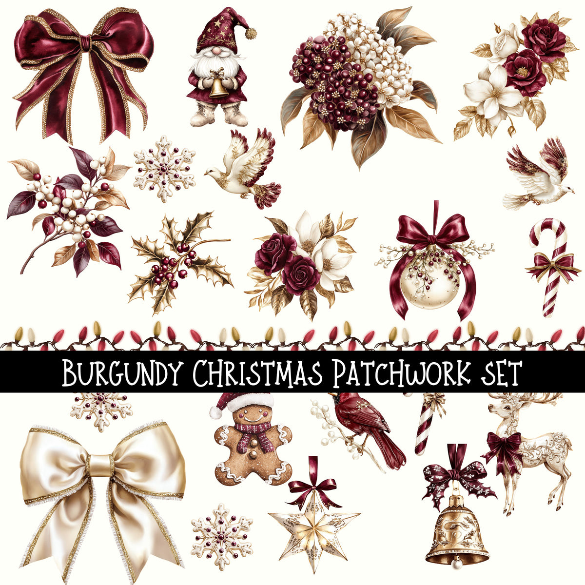 Burgundy Christmas  Doodle Patchwork Set