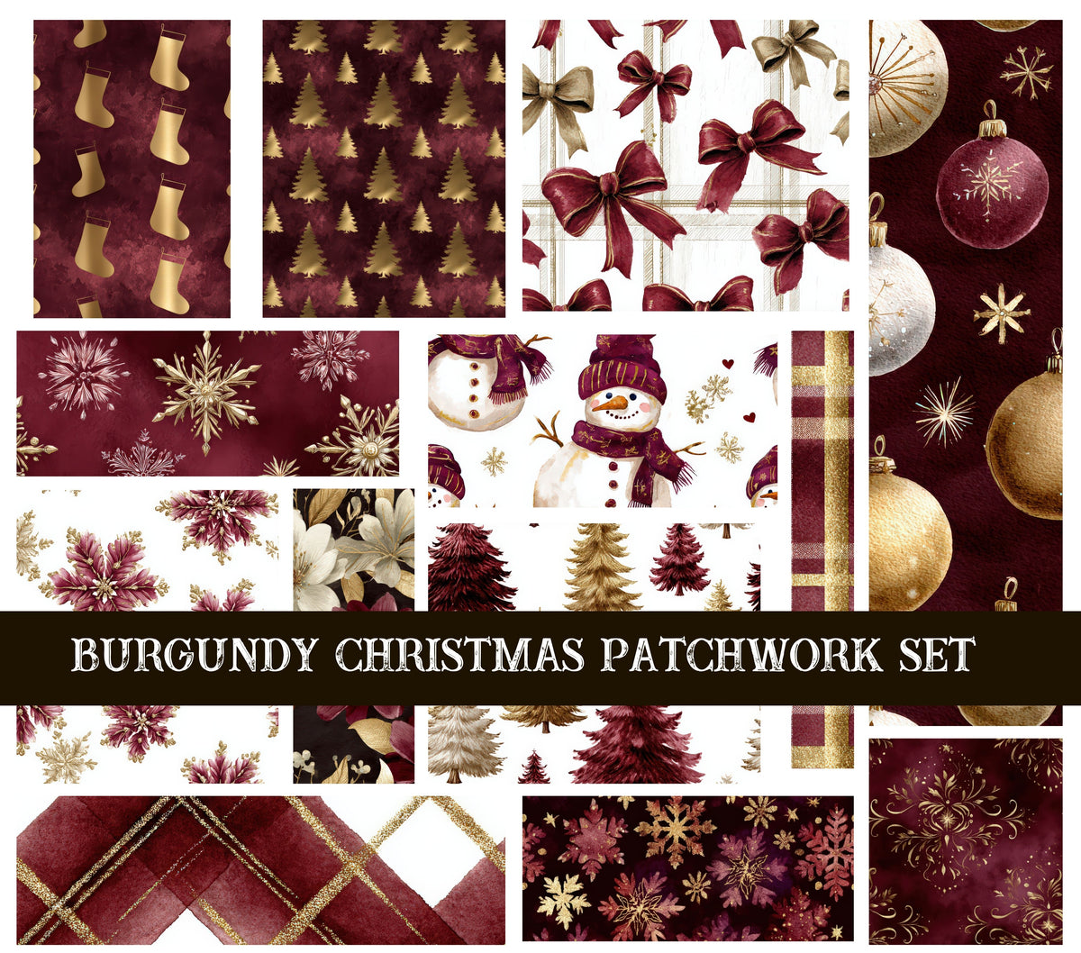 Burgundy Christmas  Doodle Patchwork Set