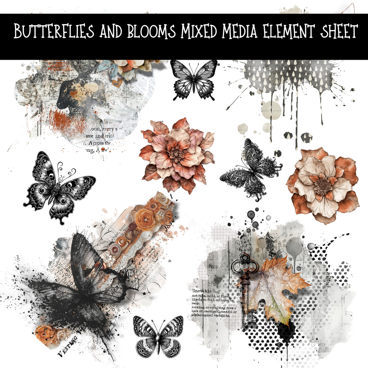Butterflies and blooms mixed media Element UV DTF Decal sheets