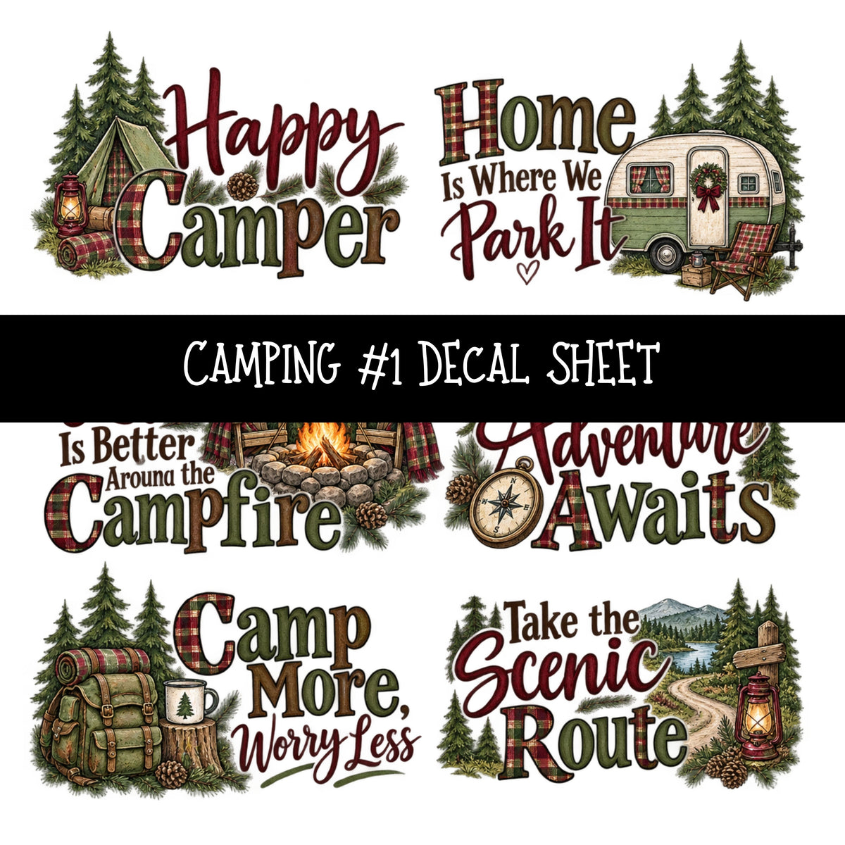 Camping UV DTF Decal sheets 11 Designs available