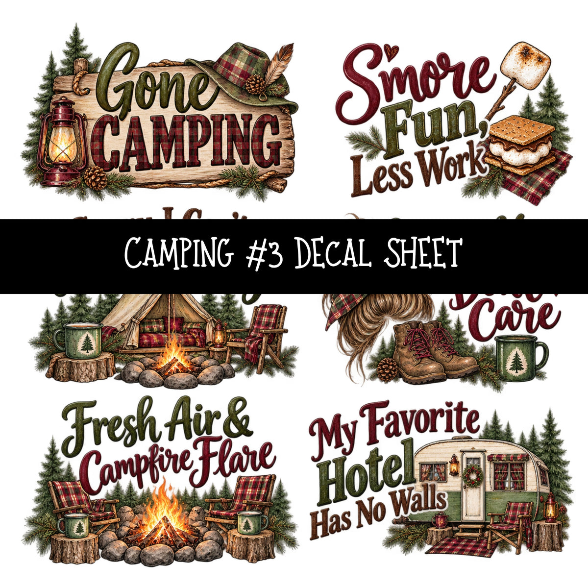 Camping UV DTF Decal sheets 11 Designs available