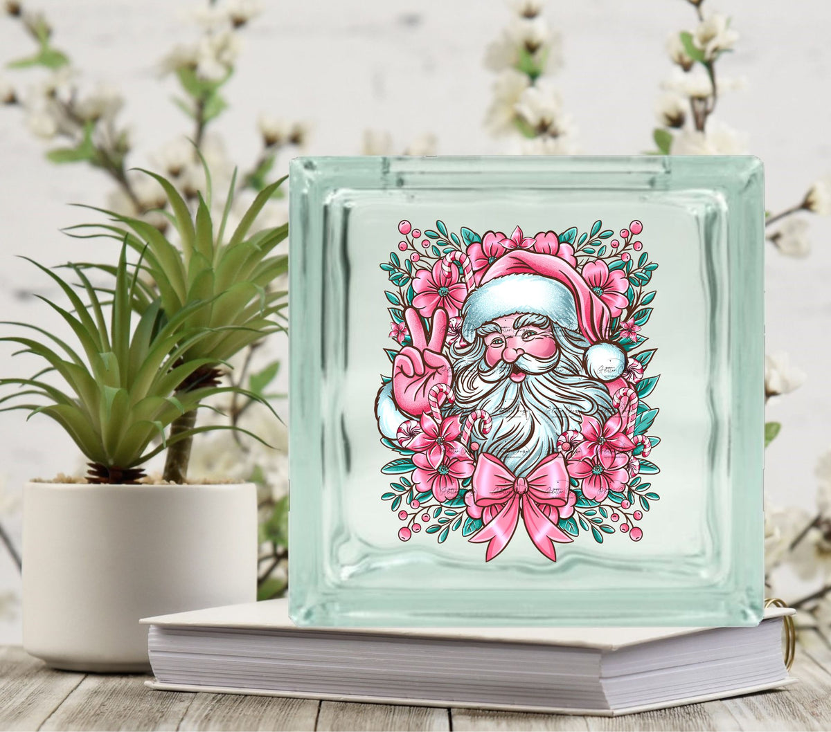 Pink Santa and Bows Glass Block Decal