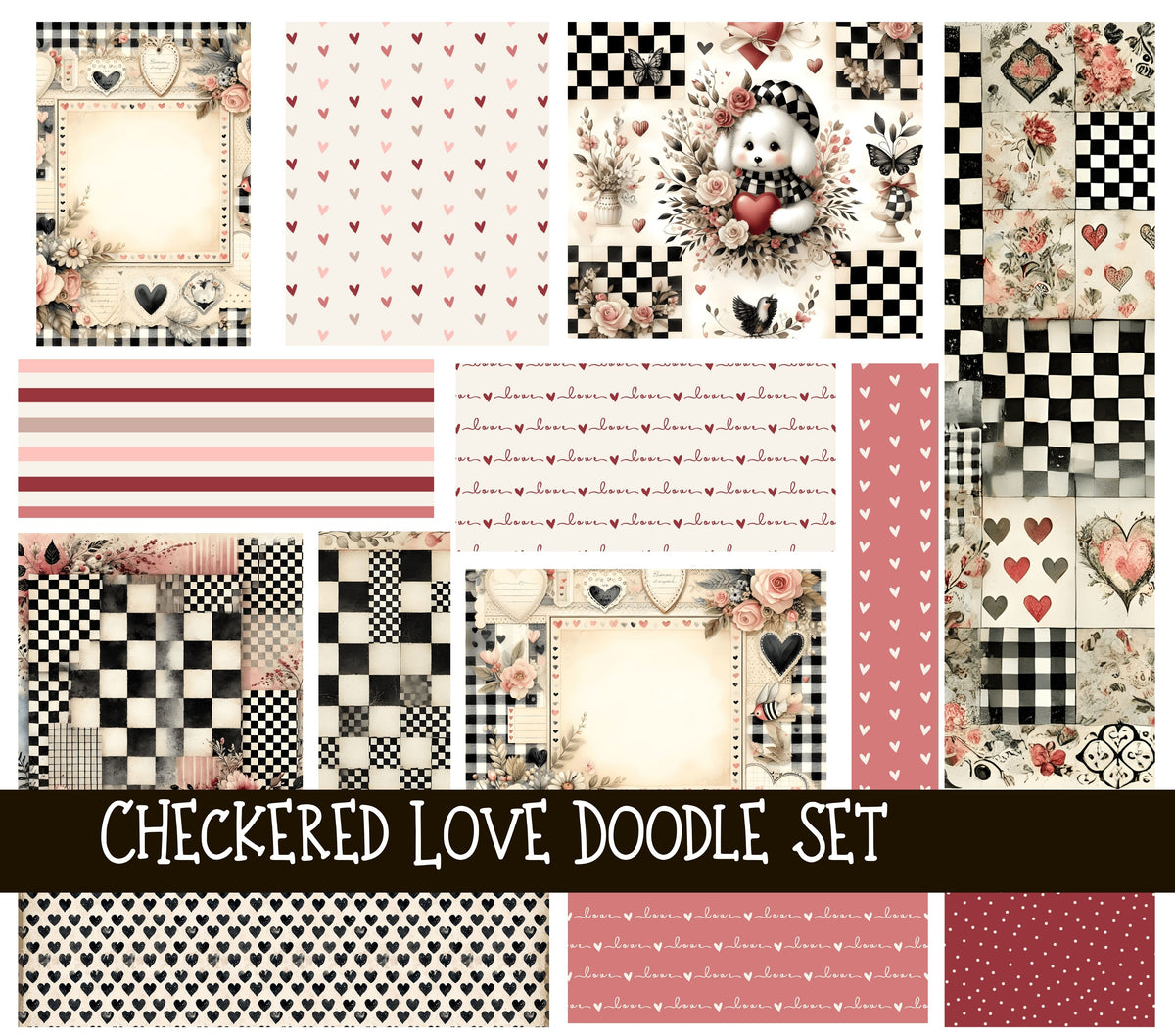 Checkered Love Doodle Patchwork Set