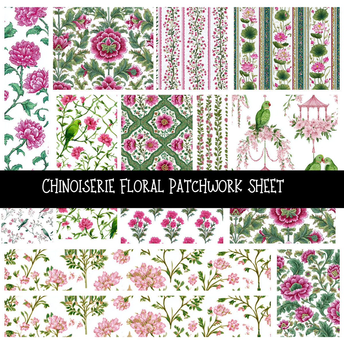 Chinoiserie Floral Patchwork precut vinyl sheet available in 12x12 or 6x6 sizes