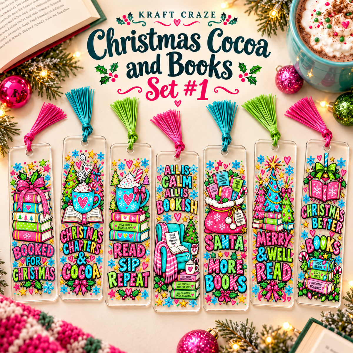Christmas, Cocoa and Books  Bookmark UV DTF Decal sheet- 7 Designs per sheet 3 sheet options