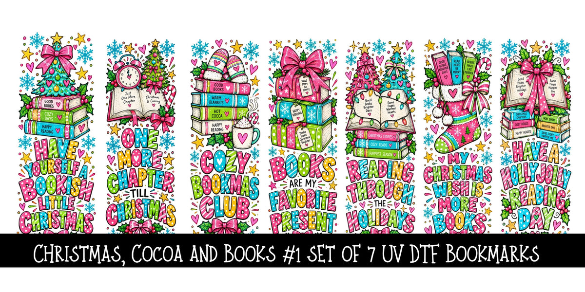 Christmas, Cocoa and Books  Bookmark UV DTF Decal sheet- 7 Designs per sheet 3 sheet options