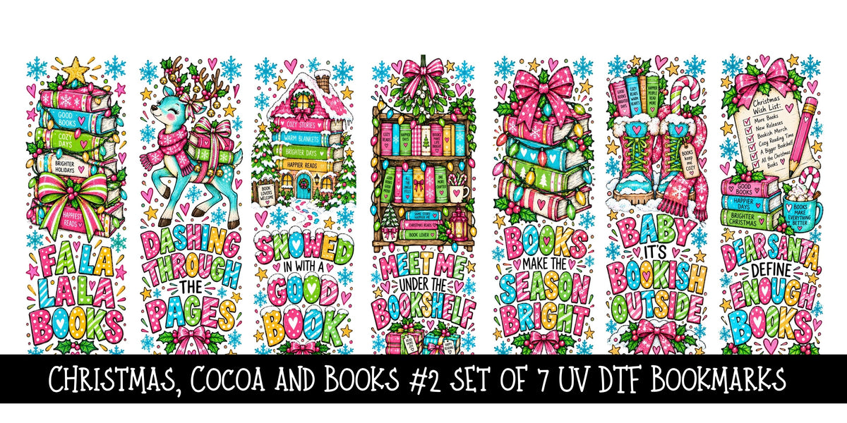 Christmas, Cocoa and Books  Bookmark UV DTF Decal sheet- 7 Designs per sheet 3 sheet options