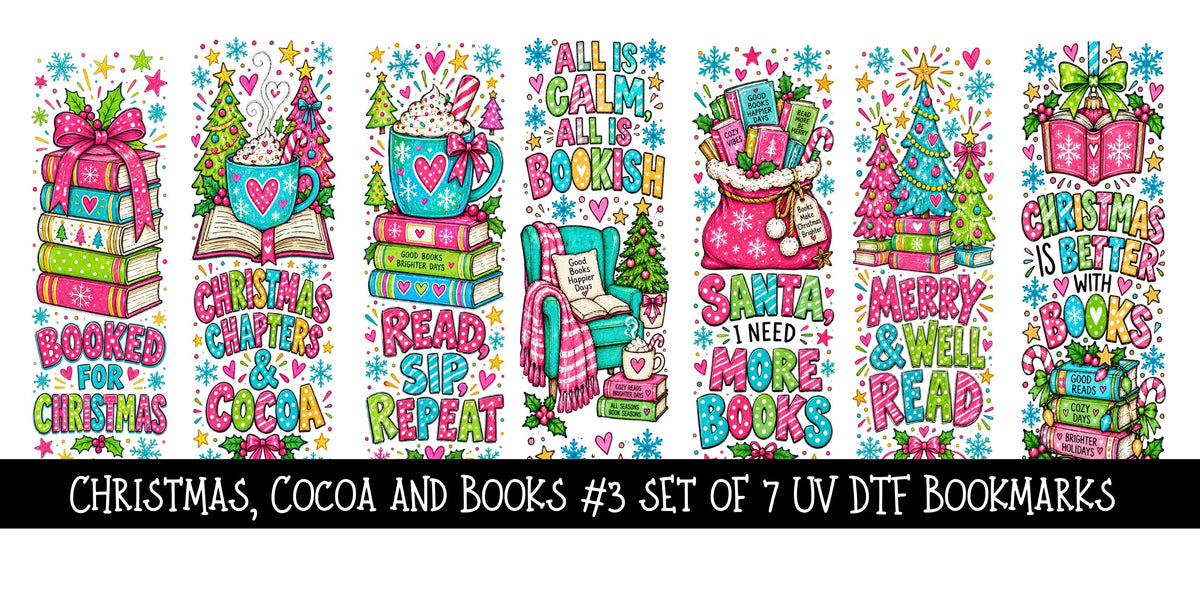 Christmas, Cocoa and Books  Bookmark UV DTF Decal sheet- 7 Designs per sheet 3 sheet options