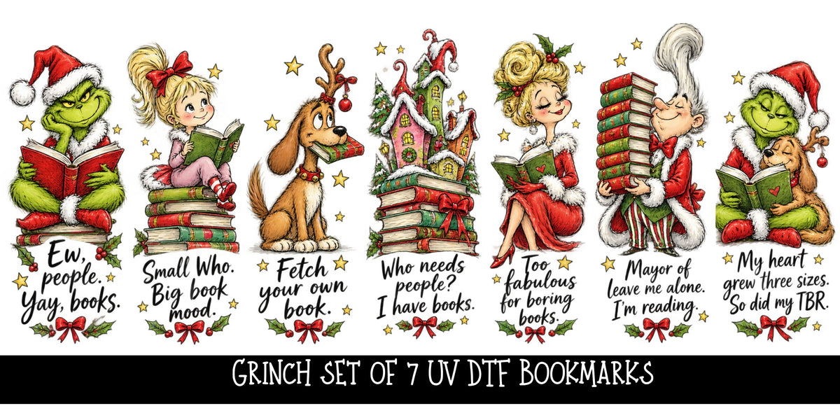 Grinch Bookmark UV DTF Decal sheet- set of 7 Designs