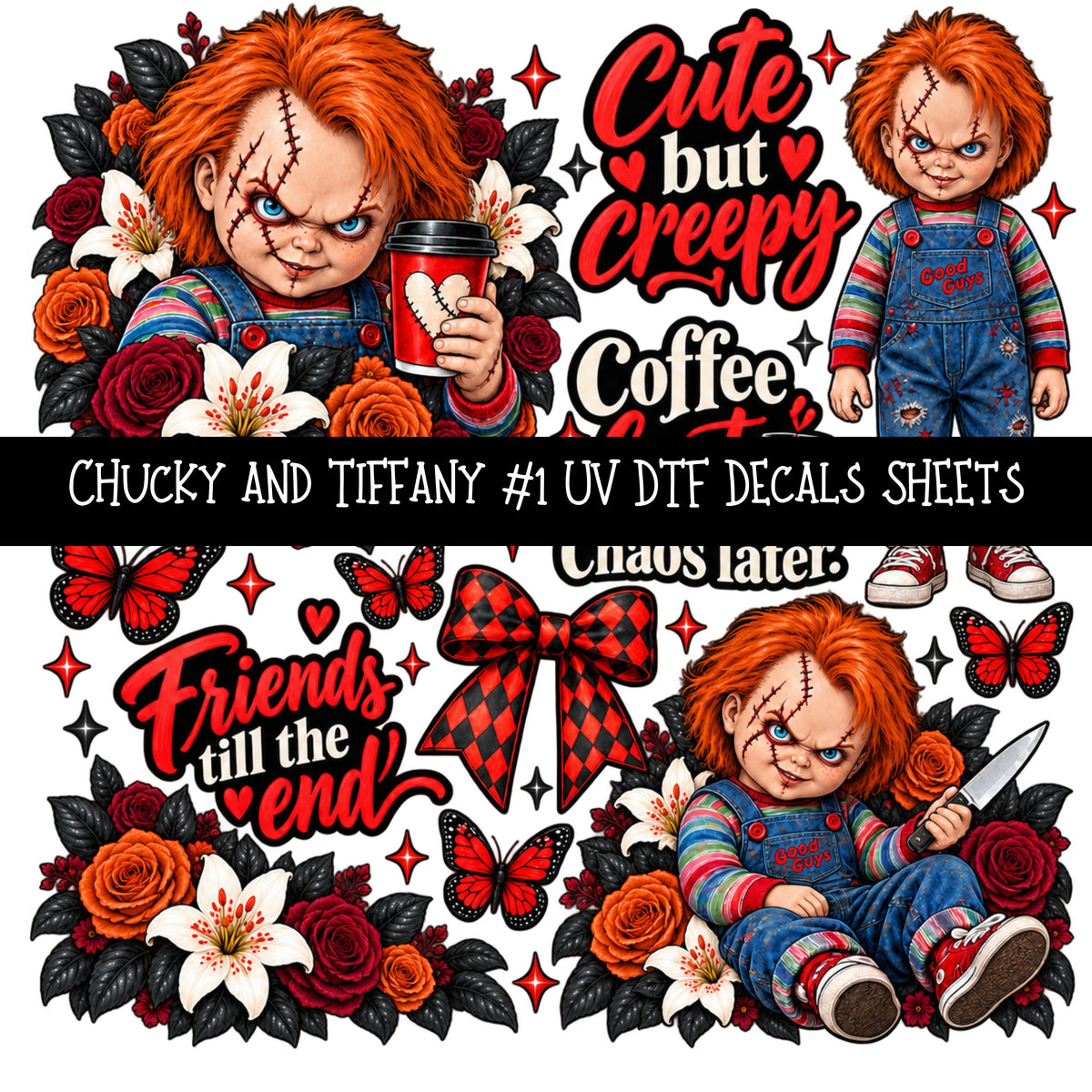 Chucky and Tiffany UV DTF Decal sheets 4 Designs available