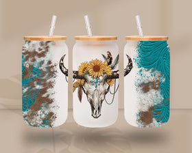 Turquoise Bull Skull 16oz UV DTF Libbey wrap