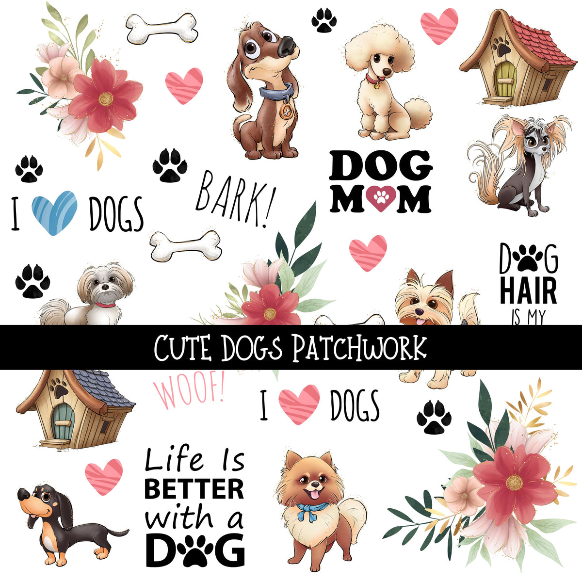 Cute Dogs Doodle Patchwork Set