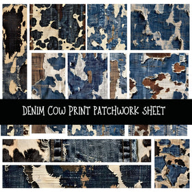 Denim Cow Print Patchwork precut vinyl sheet available in 12x12 or 6x6 sizes