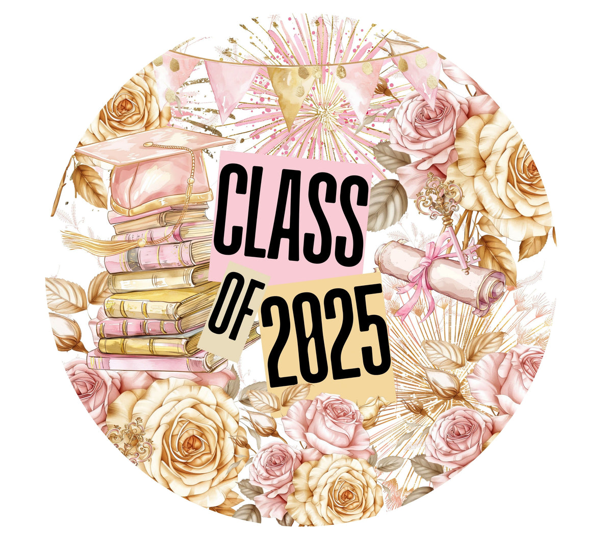 Class of 2025 Pink and Gold floral Tumbler Butt UV DTF Decals 5 Sizes
