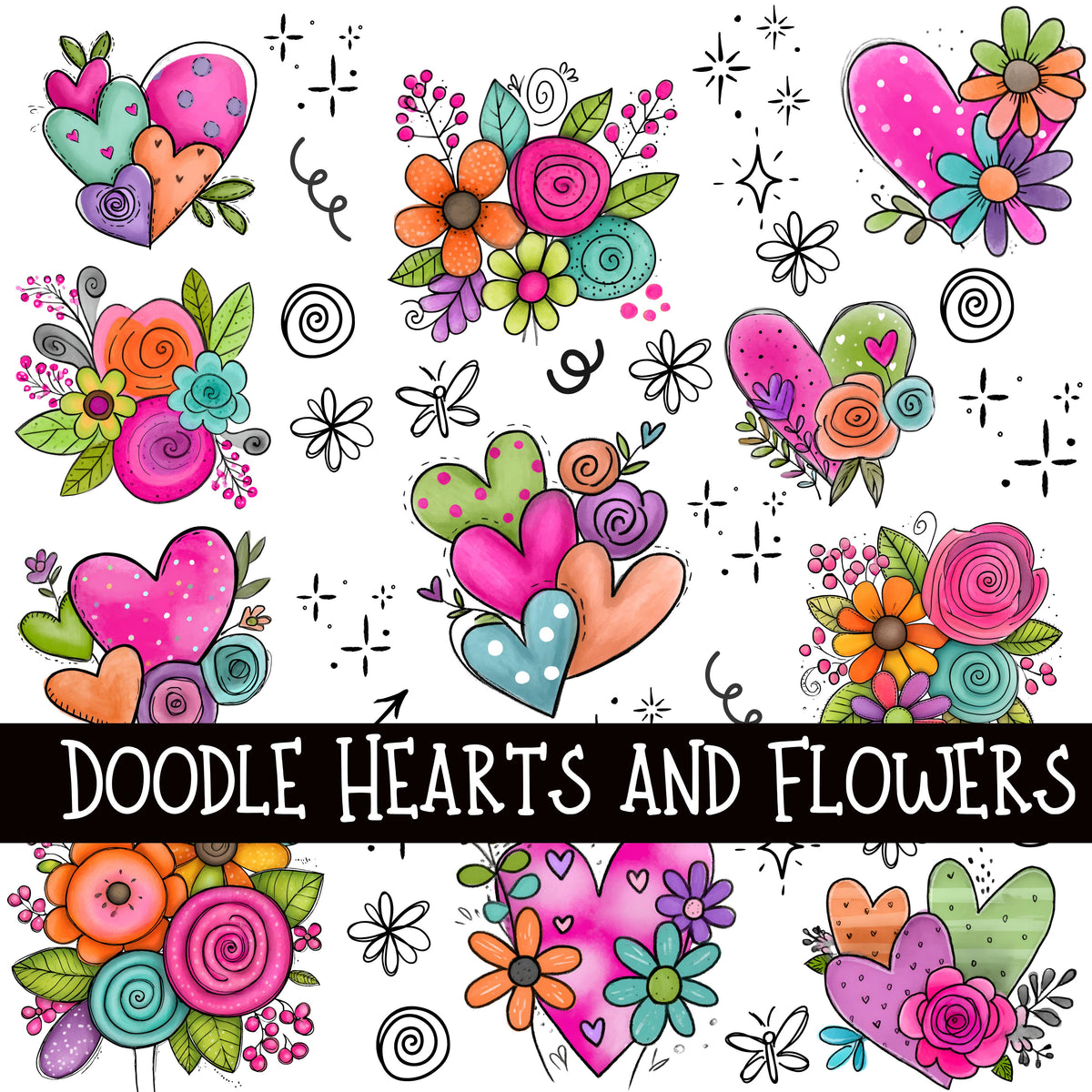 Doodle Hearts and Flowers UV DTF Decal sheets