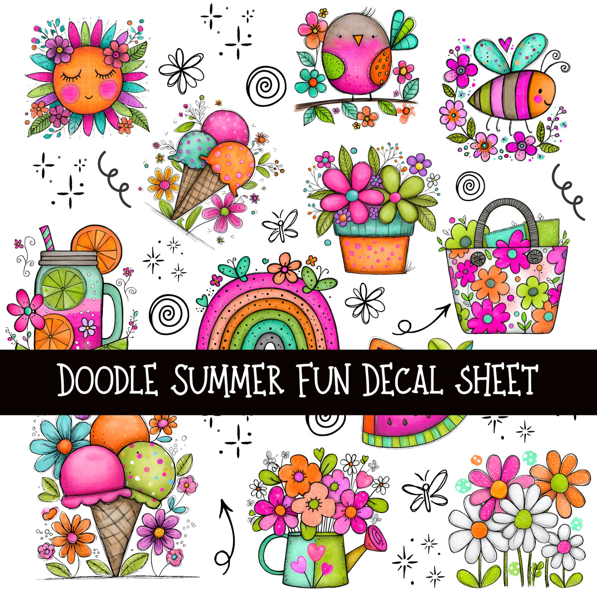 Doodle Summer Fun UV DTF Decal sheets