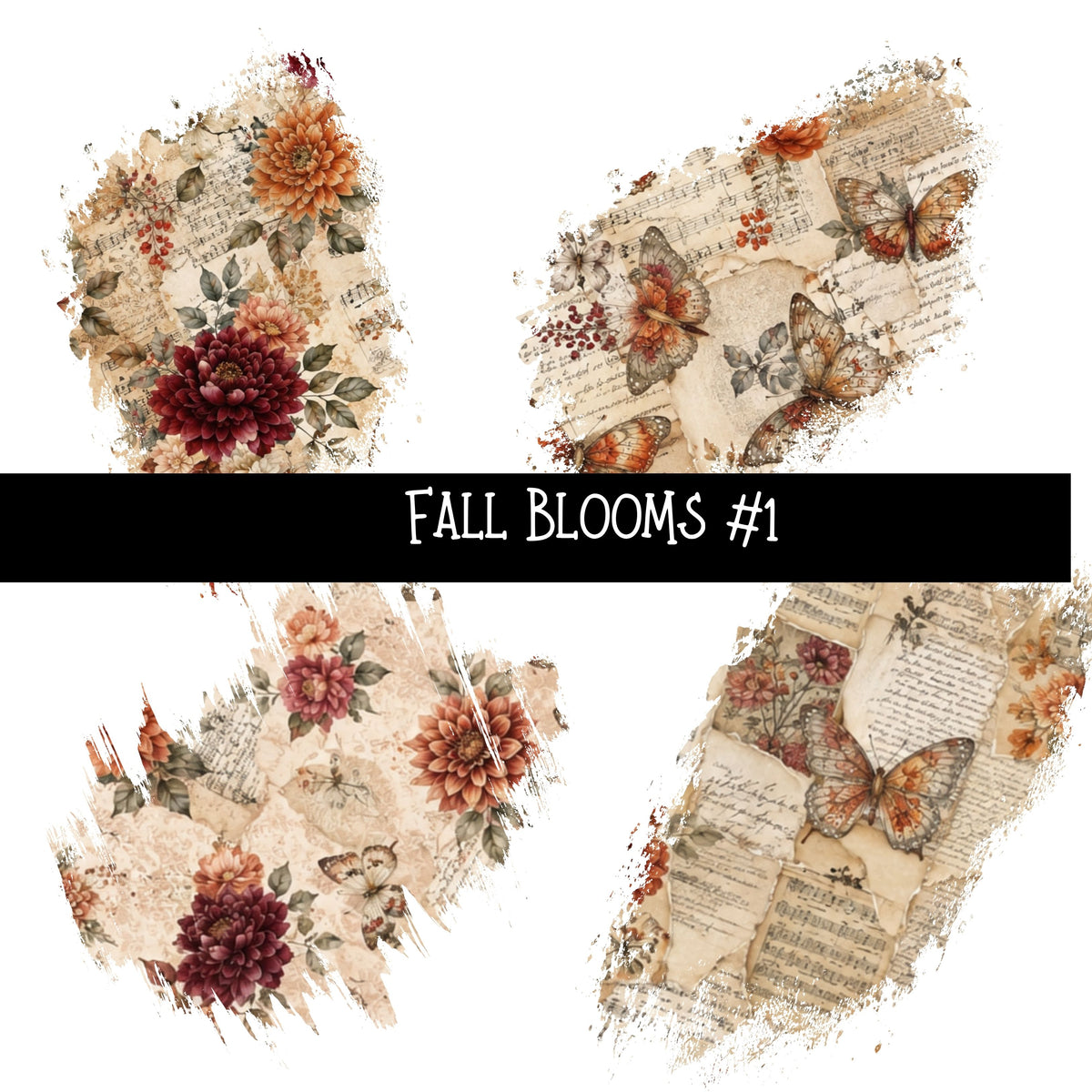 Fall Blooms Torn Pages UV DTF Decal sheets 7 Designs available