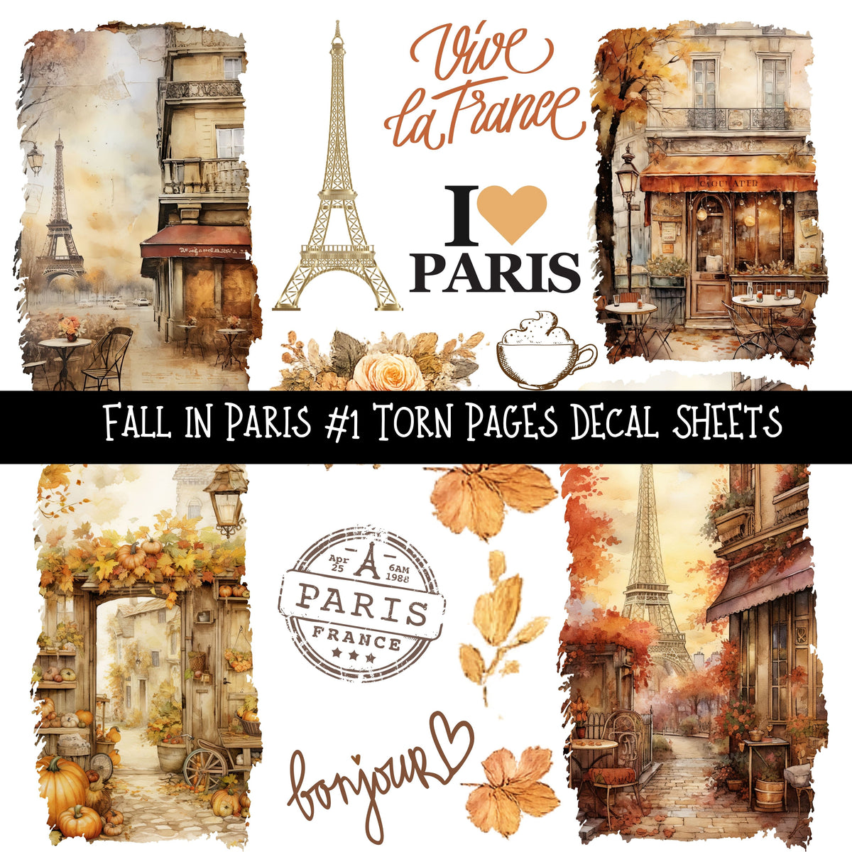 Fall in Paris torn Pages UV DTF Decal sheets 3 designs available