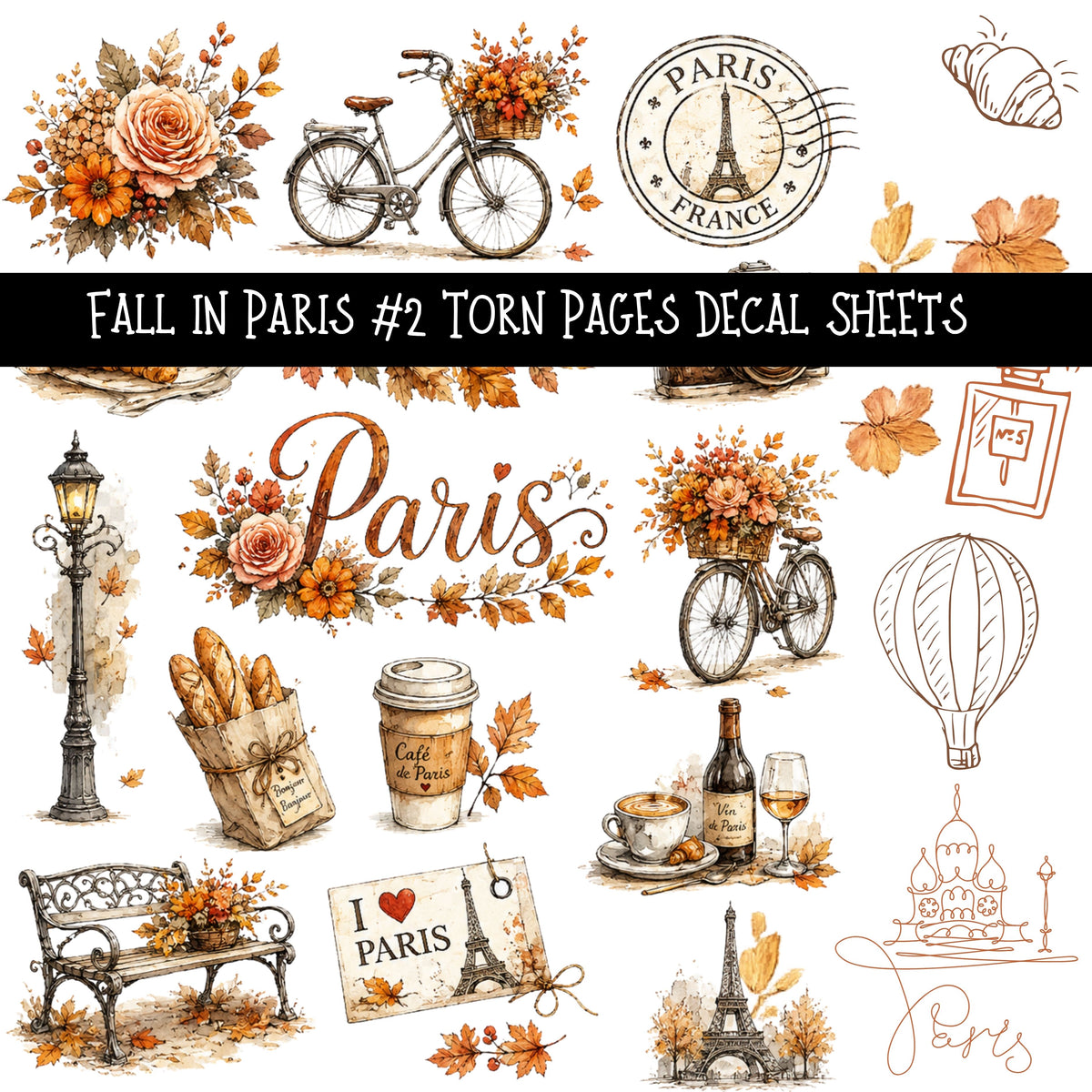 Fall in Paris torn Pages UV DTF Decal sheets 3 designs available