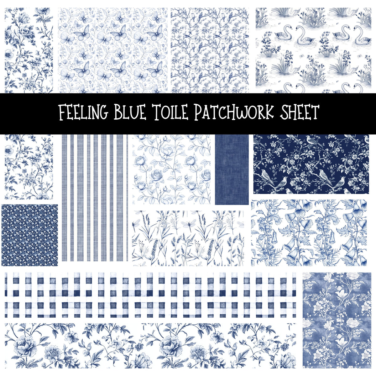 Feeling Blue Toile Patchwork precut vinyl sheet available in 12x12 or 6x6 sizes