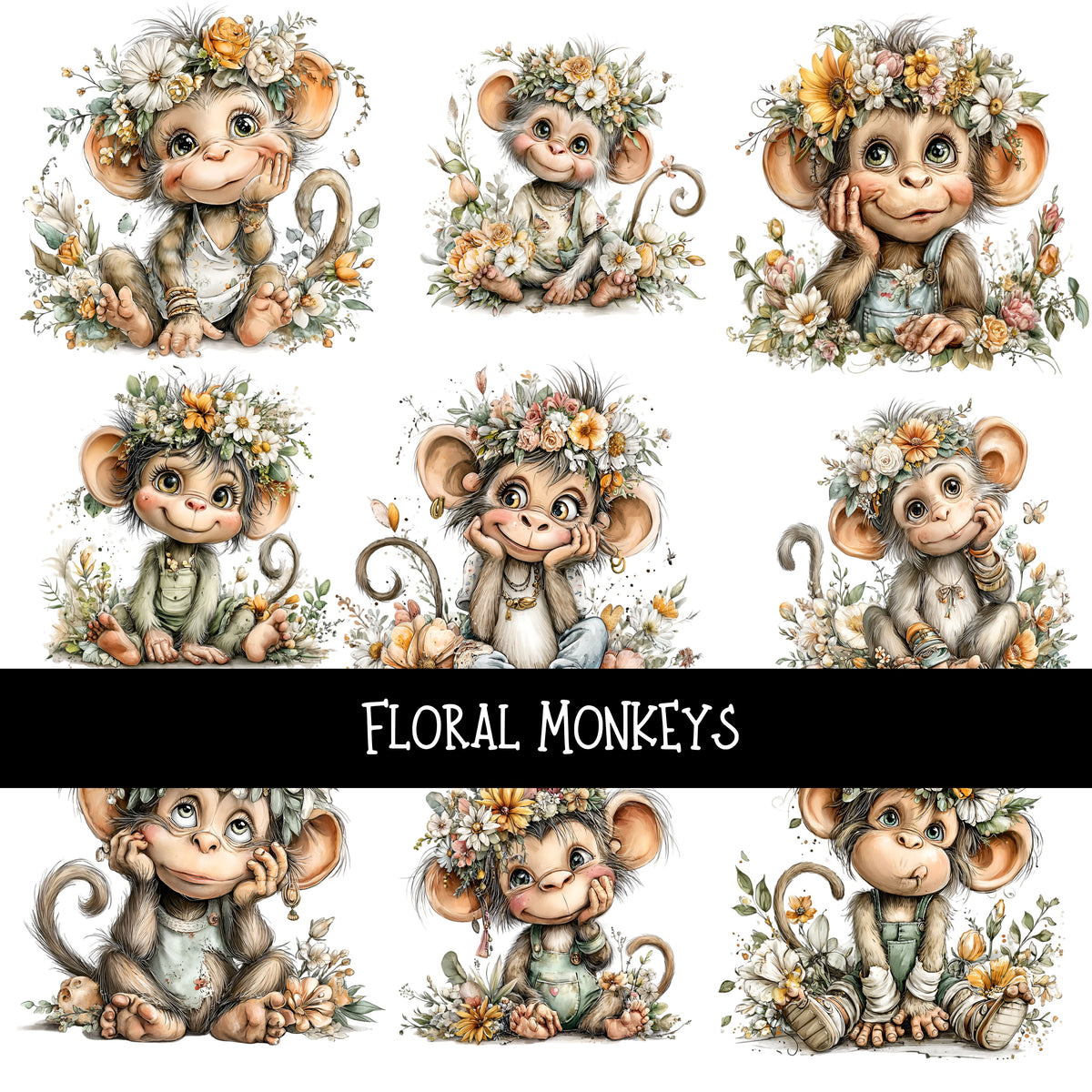 Floral Monkeys UV DTF Decal sheets