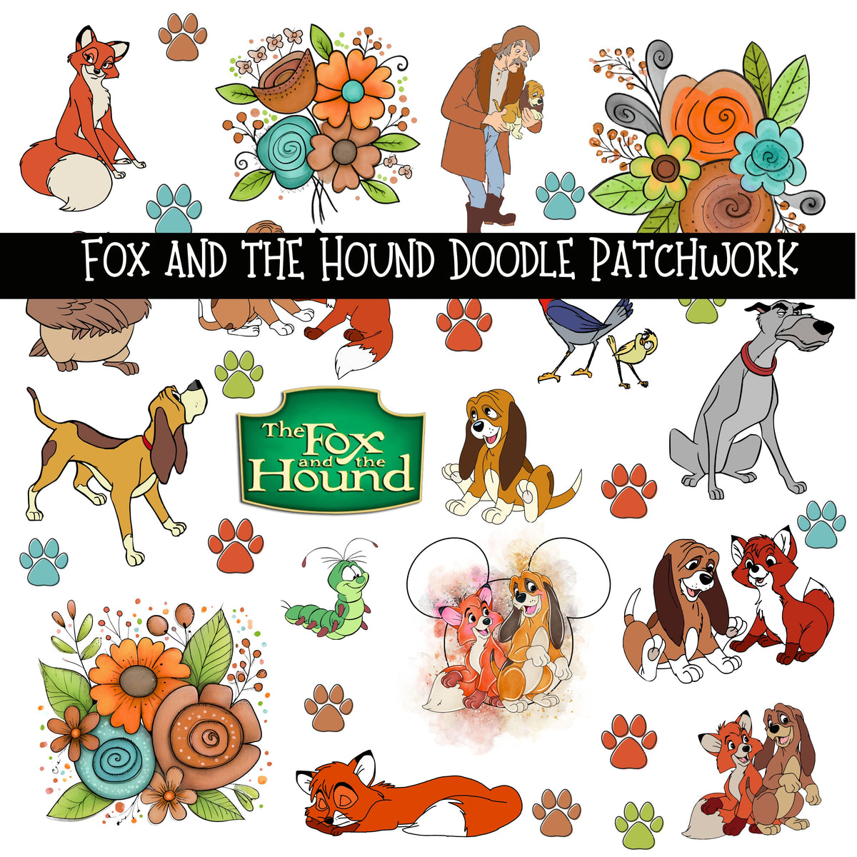 Fox and the Hound UV DTF Doodle Patchwork Set