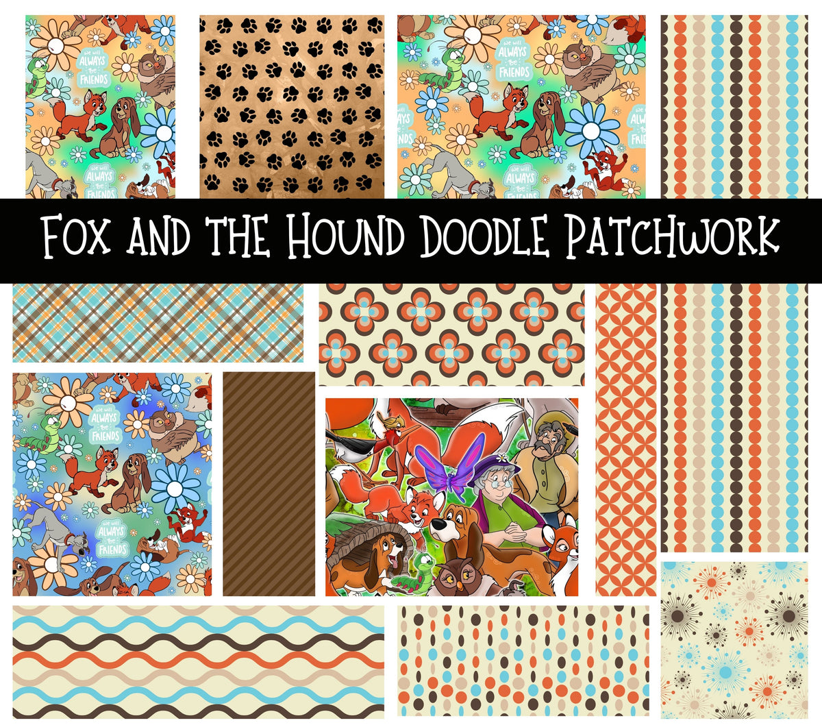 Fox and the Hound UV DTF Doodle Patchwork Set