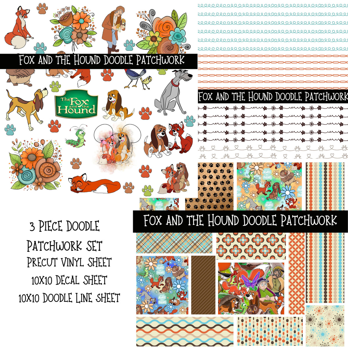 Fox and the Hound UV DTF Doodle Patchwork Set