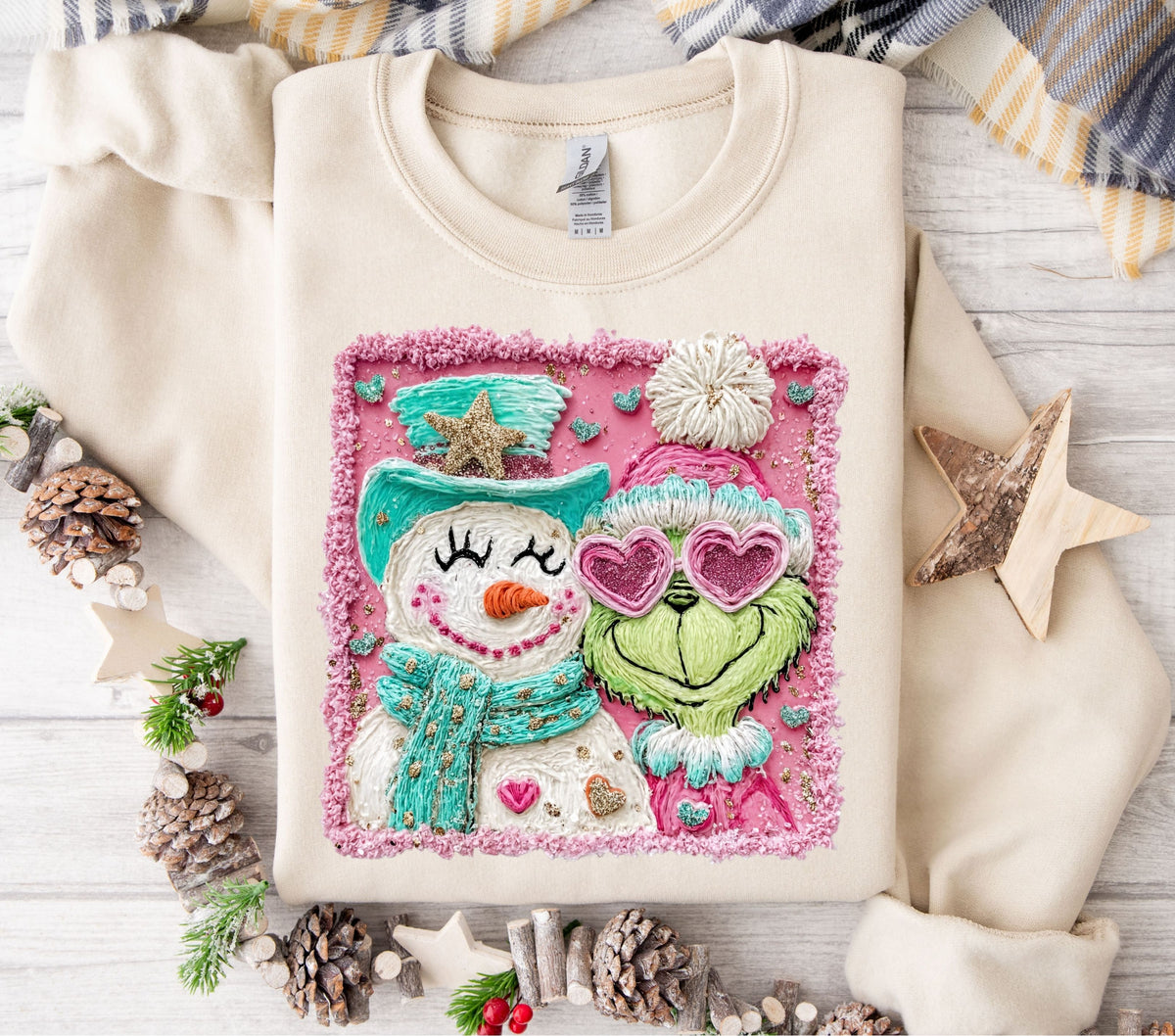 Frosty and Grinch faux yarn DTF Transfers