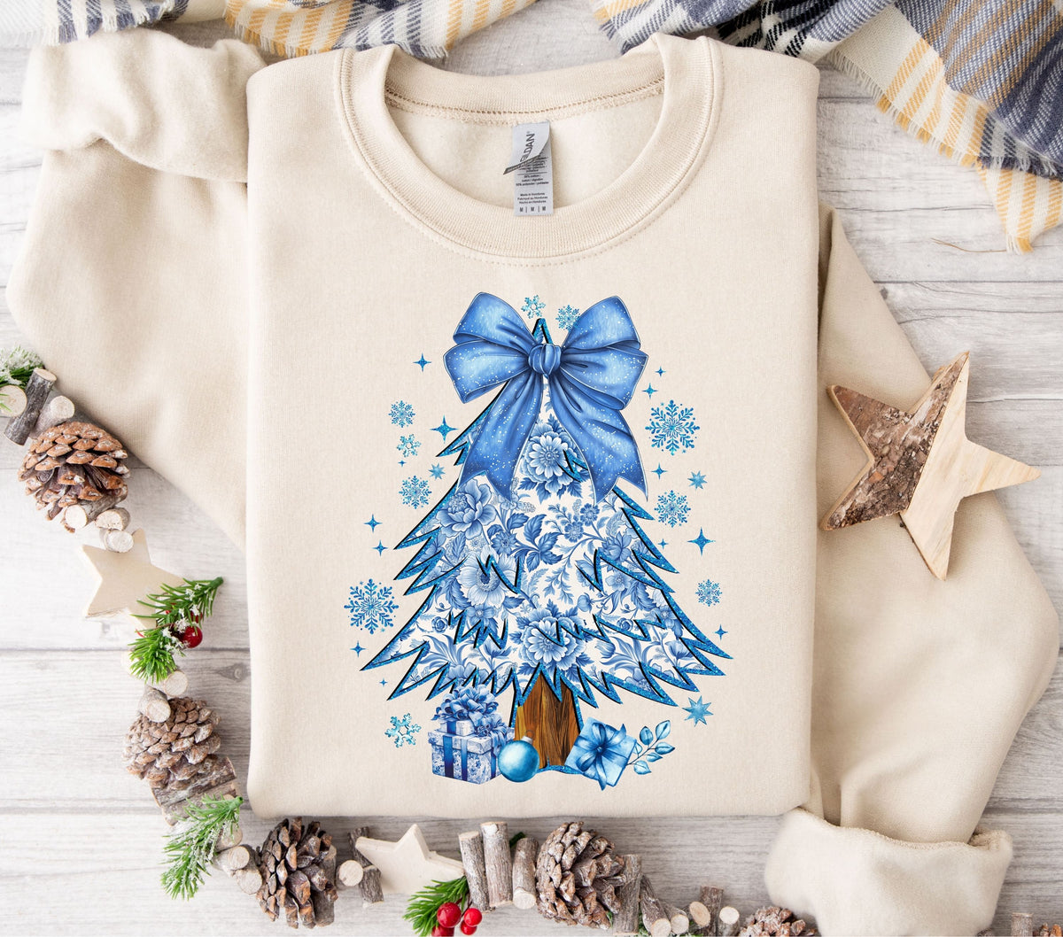 blue toile Christmas tree with bow DTF Transfers