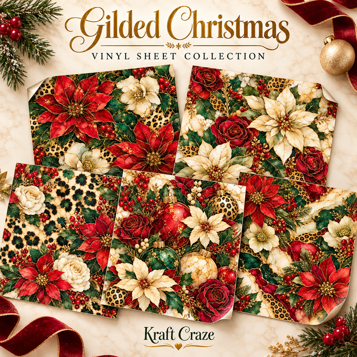 Gilded Christmas collection- 2 sizes vinyl sheets-10 designs available