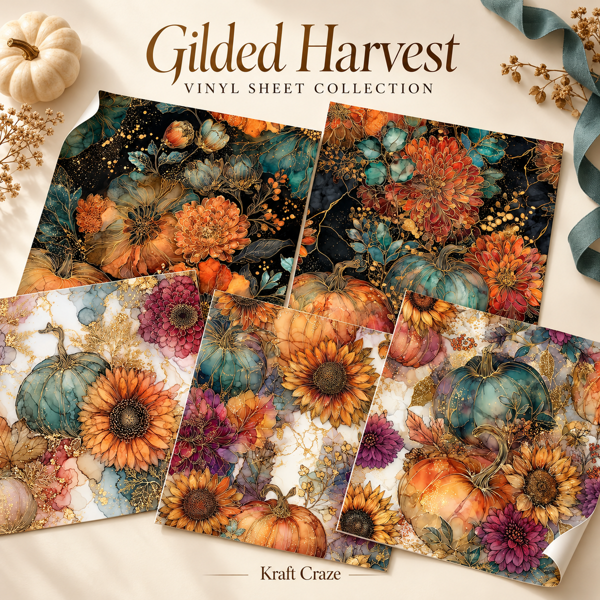 Gilded Harvest collection- 2 sizes vinyl sheets-20 designs available