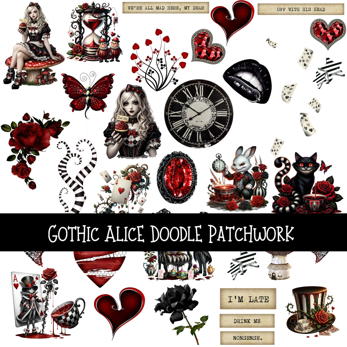 Gothic Alice UV DTF Doodle Patchwork Set