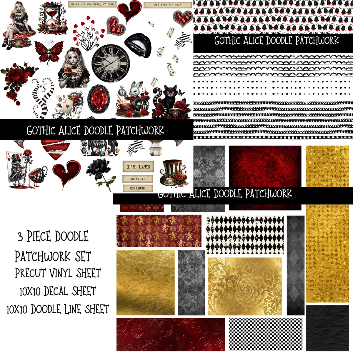 Gothic Alice UV DTF Doodle Patchwork Set