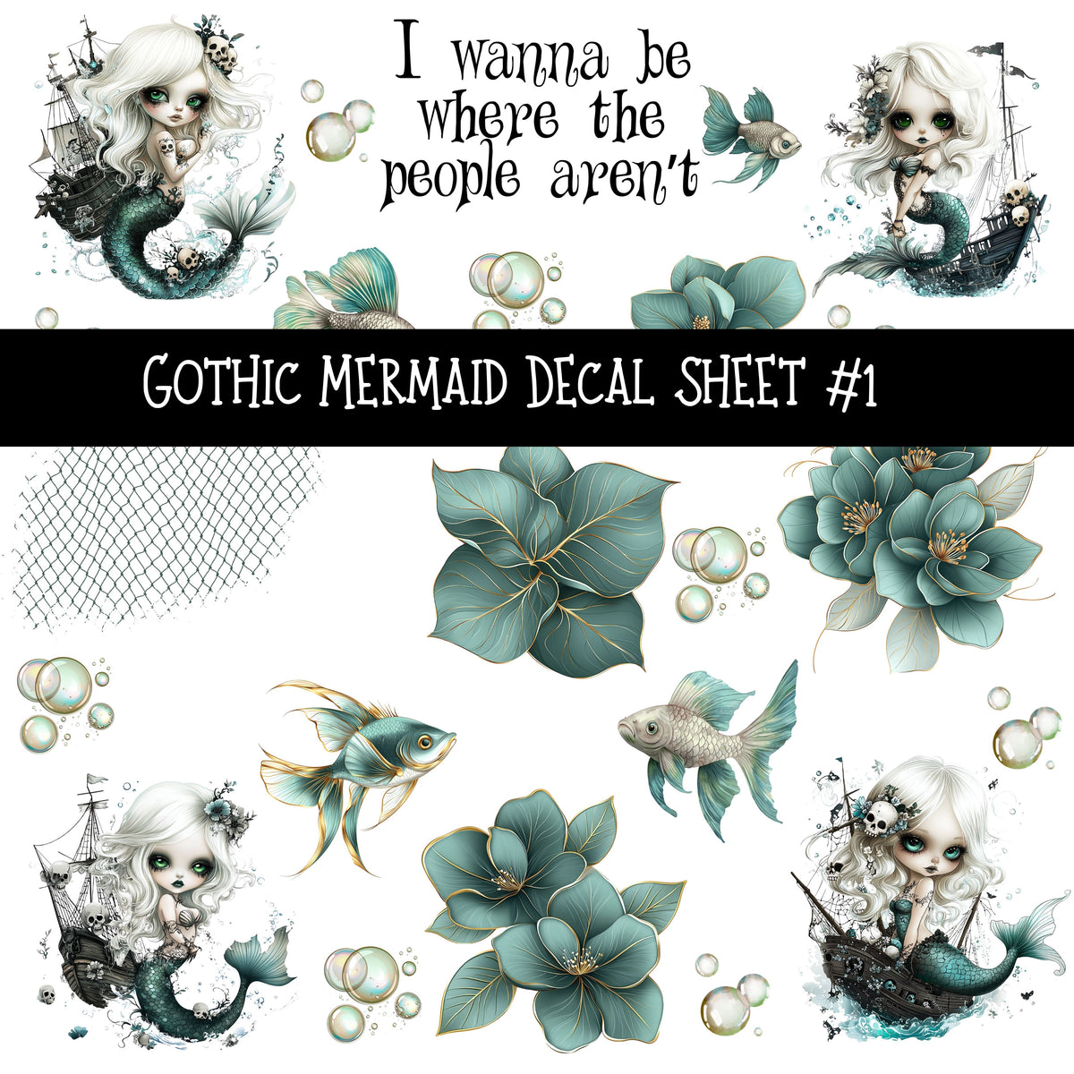 Gothic Mermaid UV DTF Decal sheet 2 sheet designs available