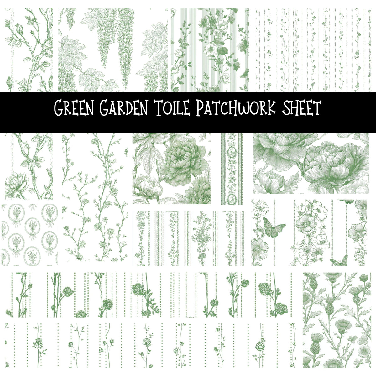 Green Garden Toile Patchwork precut vinyl sheet available in 12x12 or 6x6 sizes