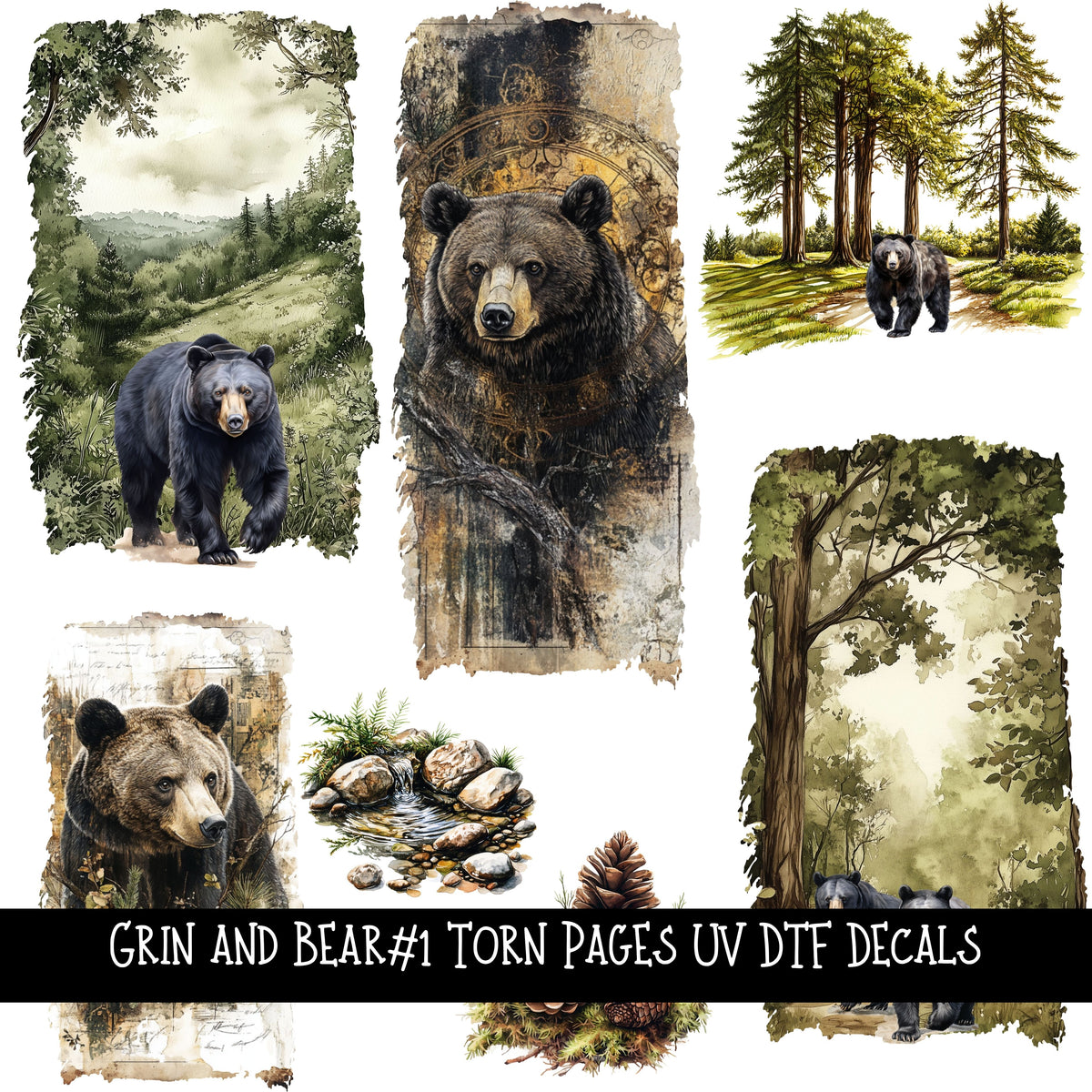 Grin and Bear it Torn Pages UV DTF Decal sheets 2 Designs available