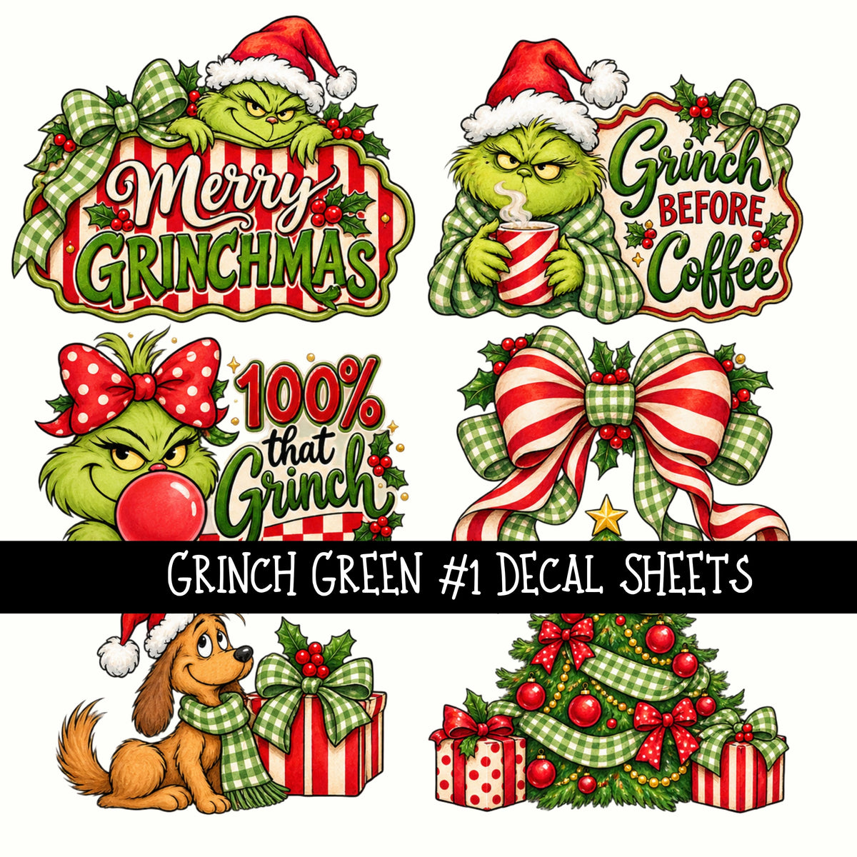 Grinch Green Torn Pages UV DTF Decal sheets 5 Designs available