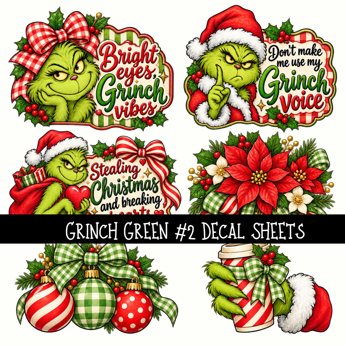 Grinch Green Torn Pages UV DTF Decal sheets 5 Designs available