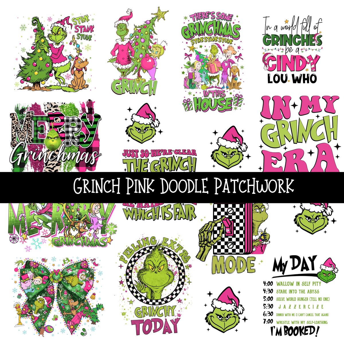 Grinch Pink Doodle Patchwork Set