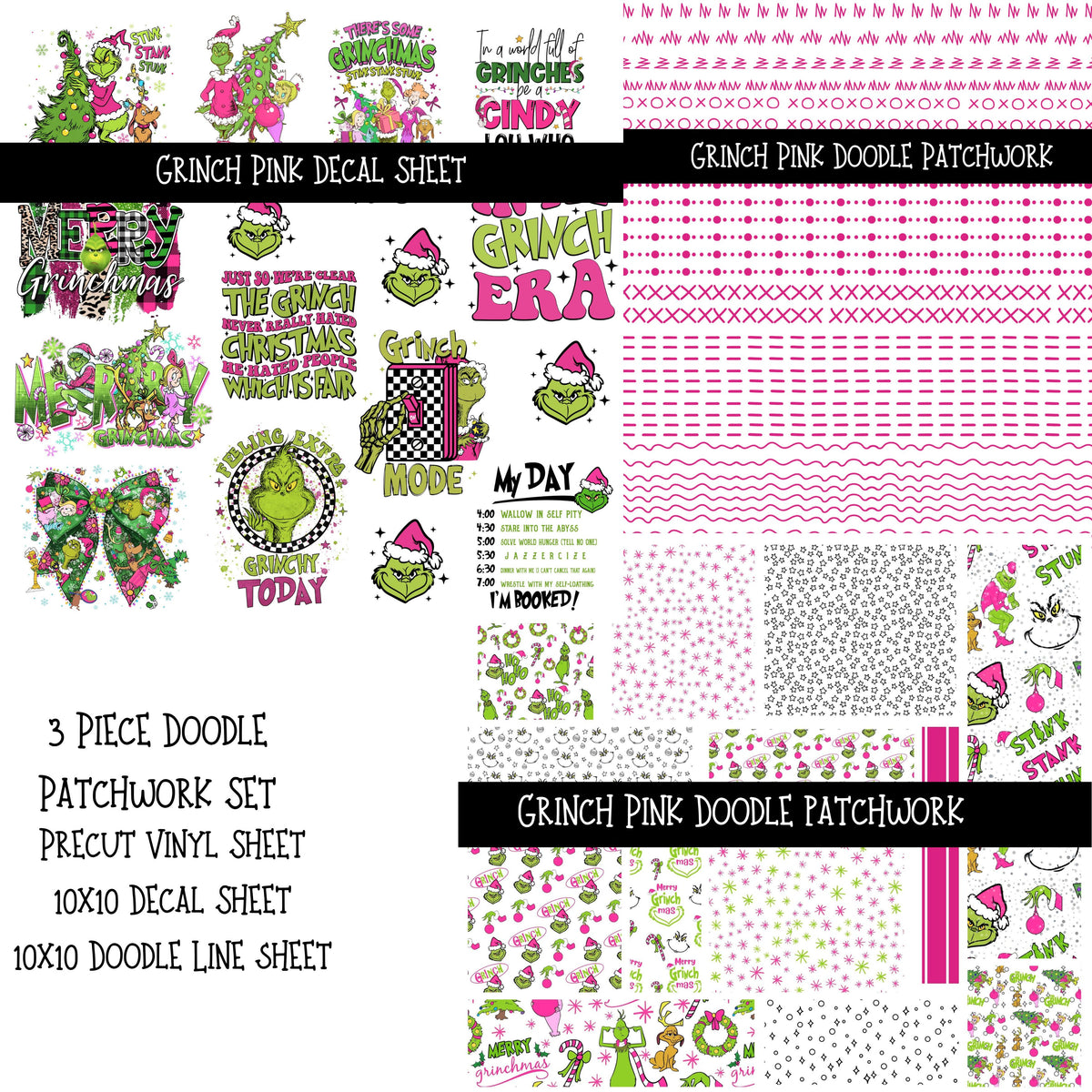 Grinch Pink Doodle Patchwork Set