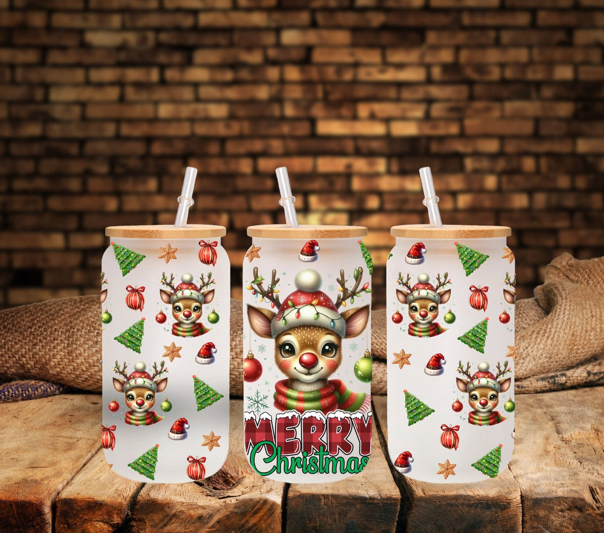 Merry Christmas reindeer UV DTF 16oz Libbey wrap